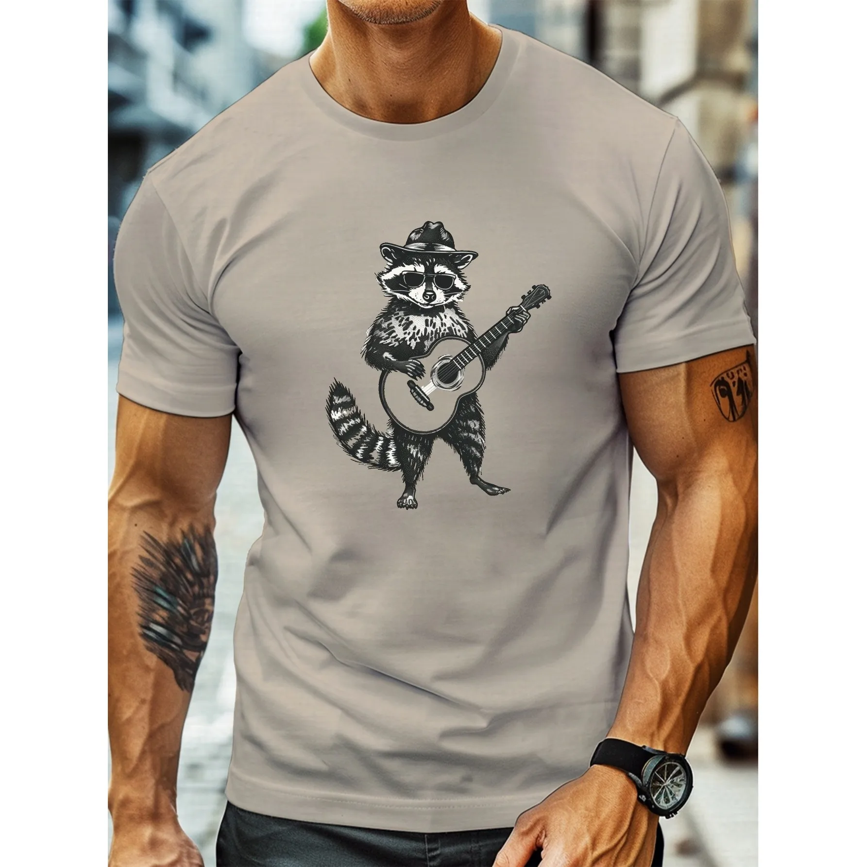 Raccoon Cowboy Playing Guitar Graphic Tee Men's Breathable Cotton Crew Neck T-Shirt Summer Daily Wear