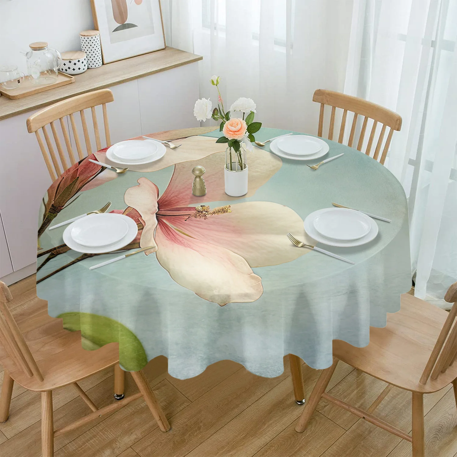 Flowers Watercolor Leaves Round Tablecloth Waterproof Wedding Party Table Cover Xmas Dining Table Tablecloth