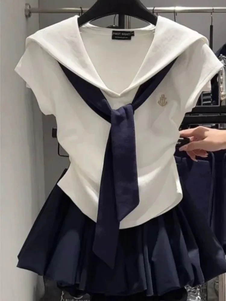 الكورية Preppy نمط المرقعة تي شيرت المرأة الصيف موضة بحار طوق ضمادة سليم تيز أنيقة عادية تونك سيدة بلايز جديد #2