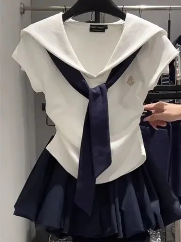 कोरियाई प्रीपी स्टाइल पैचवर्क टी शर्ट महिलाओं के लिए ग्रीष्मकालीन फैशन नाविक कॉलर बैंडेज स्लिम टीज़ सुरुचिपूर्ण कैज़ुअल ट्यूनिक लेडी टॉप नई 10 best sales नाविक शीर्ष - №7