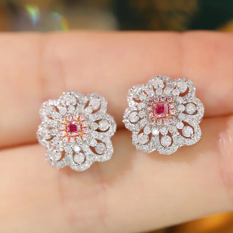 Aazuo 18K Solid White Gold Real Pink & White Diamonds Lovely Square Flower Stud Earring Gifted For Women Wedding Party  Au750