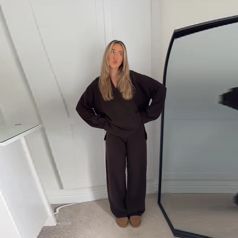 عارضة بسيطة فضفاضة سترة السراويل مجموعة بلون الرجعية تنوعا مريحة الشارع الشهير أعلى السراويل التنقل الزي النسائي