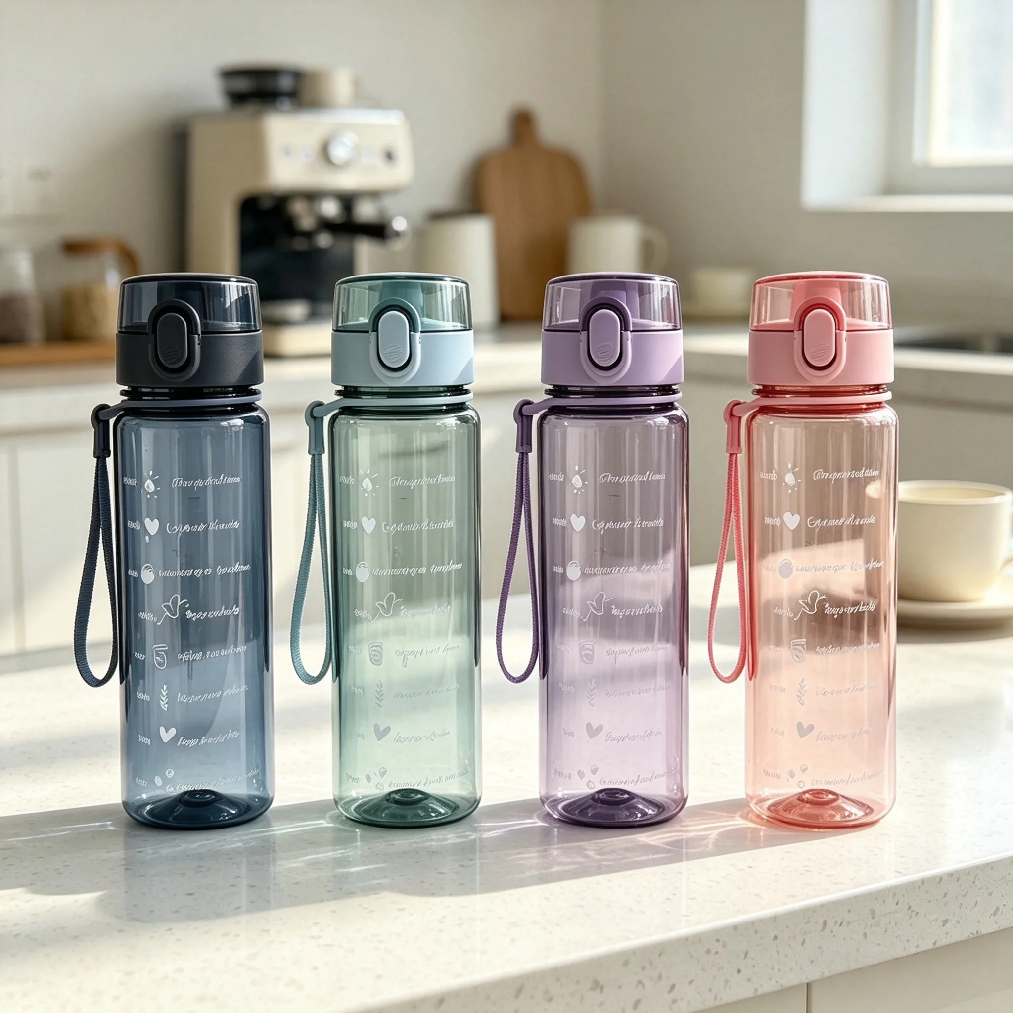Bouteille d'eau transparente solide de 560 ml avec marquages de motivation, gourde en plastique grande capacité au design esthétique, idéale pour le fitness en intérieur