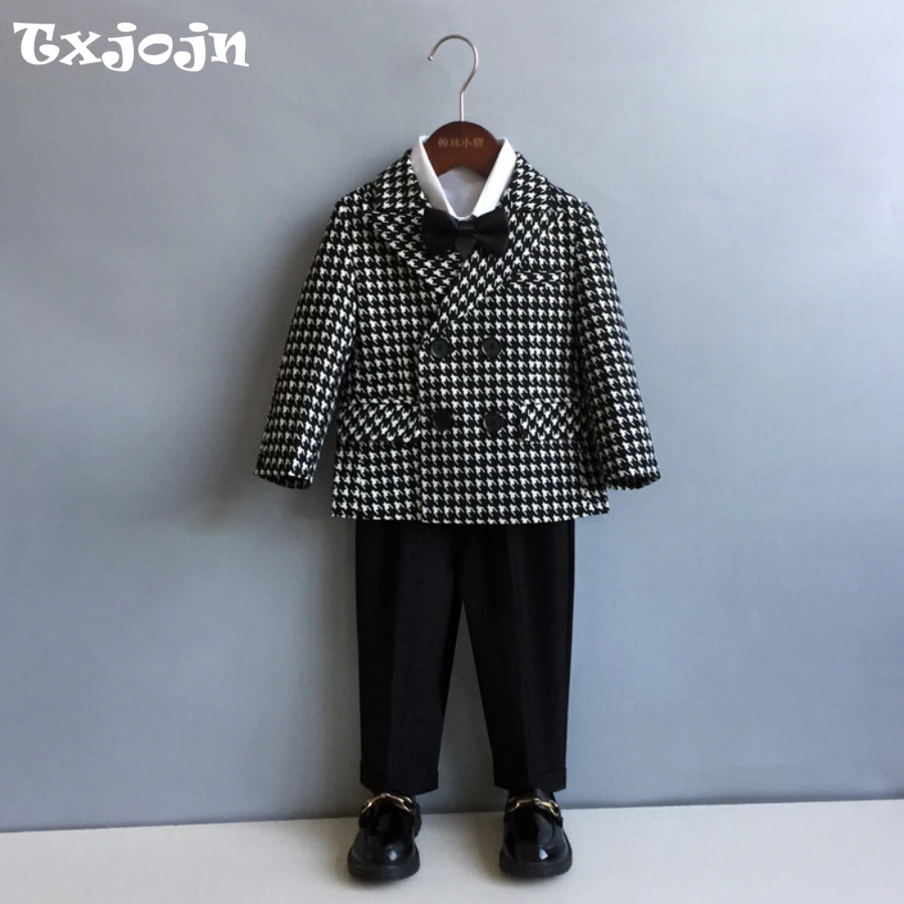 New Arrival Boys Stylish Plaid Suit Set 3 Pieces Jacket Pants Bow-tie Banquet Party Wear Double Breasted Kids Suits 80-150cm