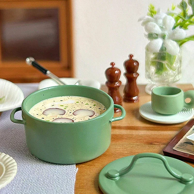 Doll Home Simulation Kitchen Decoration Accessories Pretend Play Toys 1/12 Dollhouse Mini Cream Mushroom Soup Pot Model