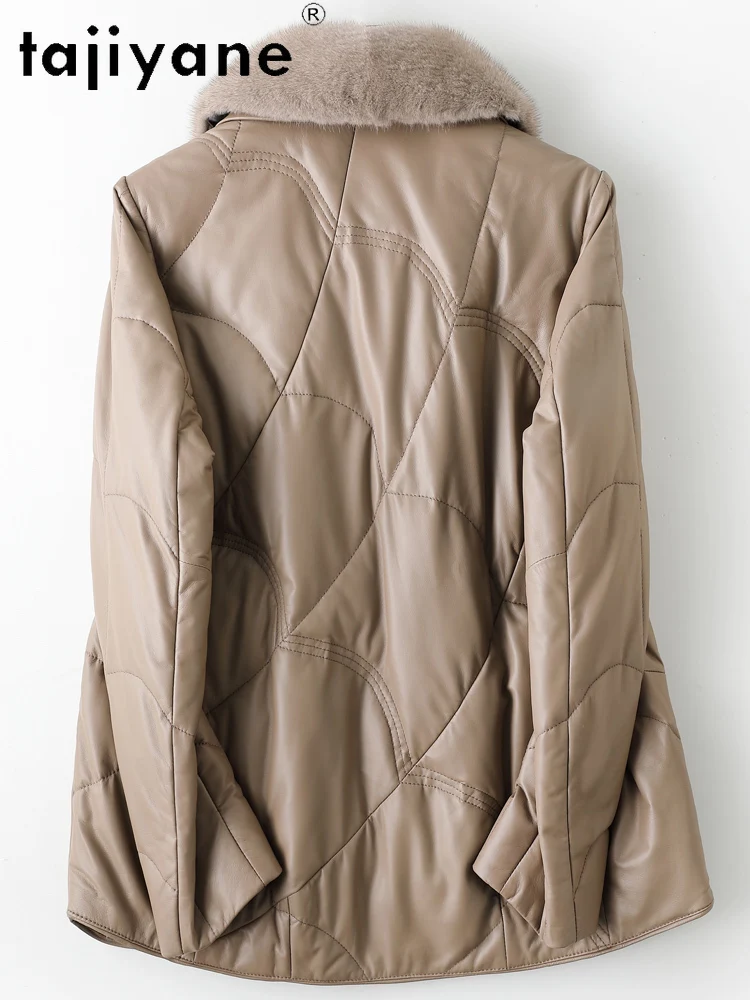 เสื้อแจ็คเก็ตขนเป็ดขาวแท้ 100% หนังแกะชั้นดี แบรนด์ TAJIYANE สำหรับผู้หญิง แจ็คเก็ตหนังแท้ทรงสั้น แต่งขนมิงค์ที่คอ ฤดูหนาว 2025