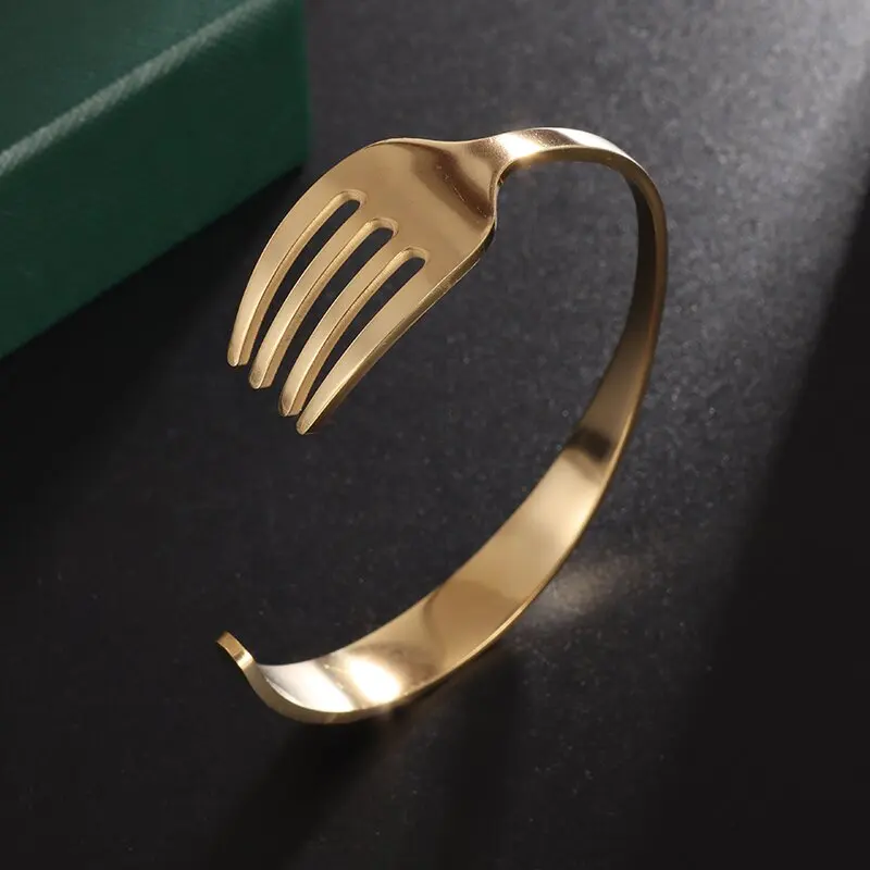 Stainless Steel Simple Curved Cutlery Fork Cuff Bracelet Fun Tricolor Open Bracelet Men\\\\\\\\\\\\\\\'s Ladies Hip Hop Cool Jewelry