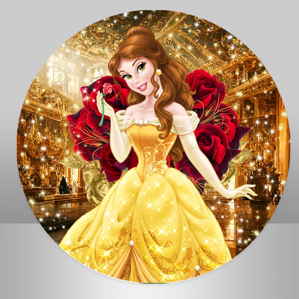 Golden Luxurious Palace Beauty and The Beast Round Backdrop Cover for Girl Birthday Party Decoration Red Rose Castle Background