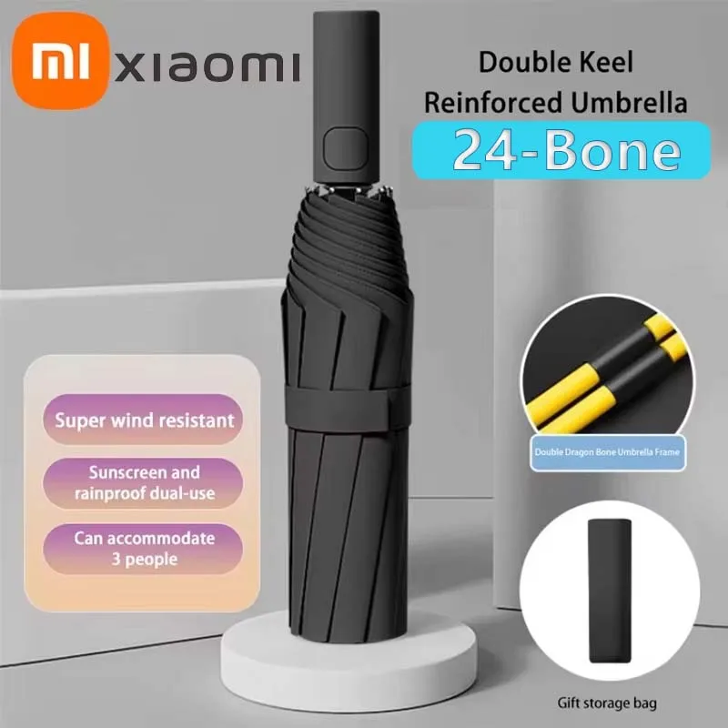 Xiaomi ใหม่ 24 Bones ร่มพับกระดูกคู่อัตโนมัติเต็มรูปแบบเพื่อความต้านทานลมแรงทนต่อฝนป้องกันแสงแดดและรังสียูวี