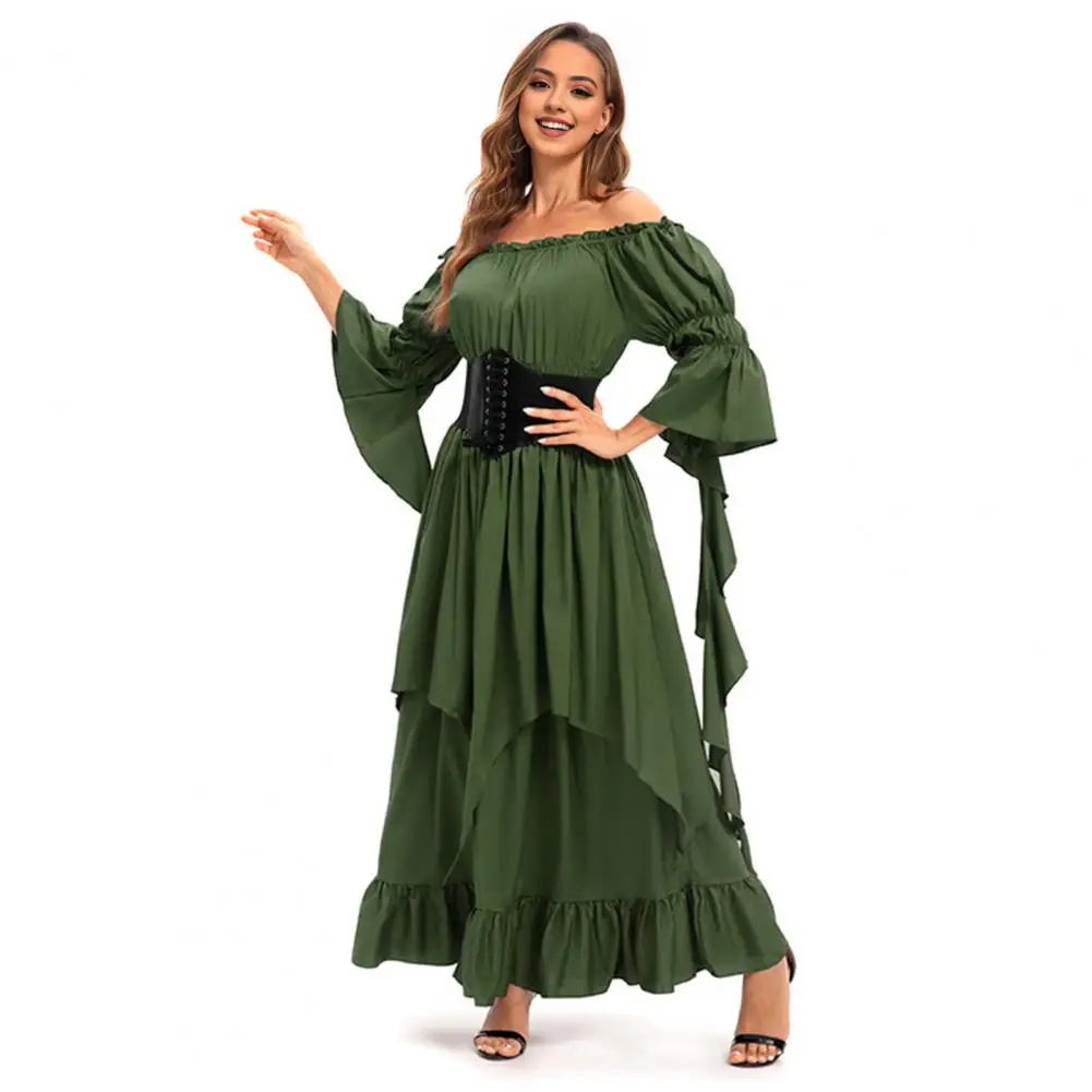 

Garment Elegant Vintage Pirate Ball Gown with Off Shoulder Bell Sleeves Irregular Hem for Halloween Renaissance Fairs Proms