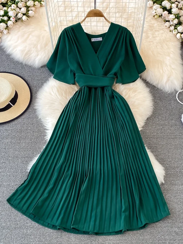 open lace back dress V-Neck Pleated Floral Midi Dress