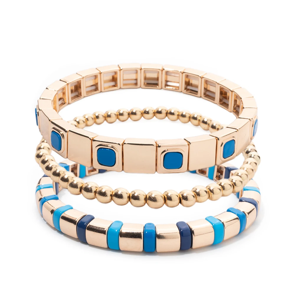 New Fashion Gold Blue Color Enamel Bracelet For Women Boho Elastic Bangle Set Hand Accessory