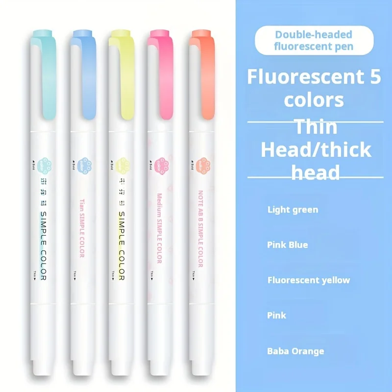 Double-Ended Pastel Highlighter Pen Set (5 Colors)