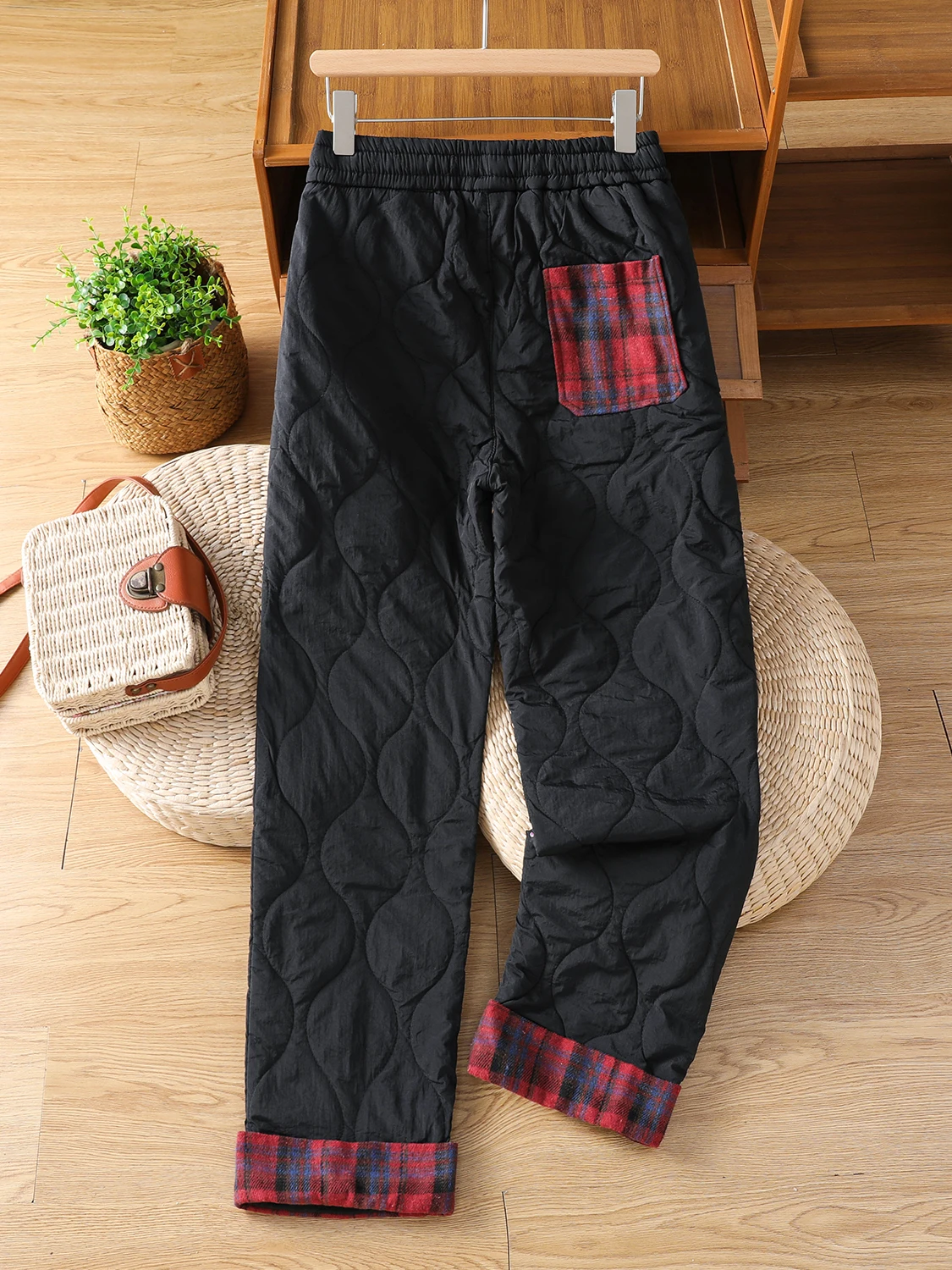 Calças de algodão Thiened femininas inverno cintura alta perna reta alta à prova de vento quente xadrez retalhos solto ajuste calças casuais