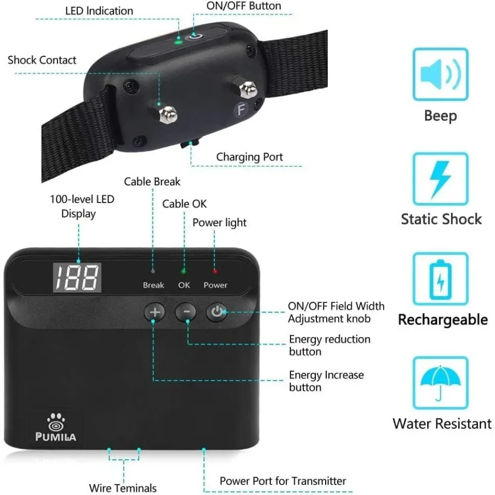 Electric Fence for Dogs, Rechargeable Underground Dog Fence System, Pet Containment System, 2 Waterproof Collar Receivers