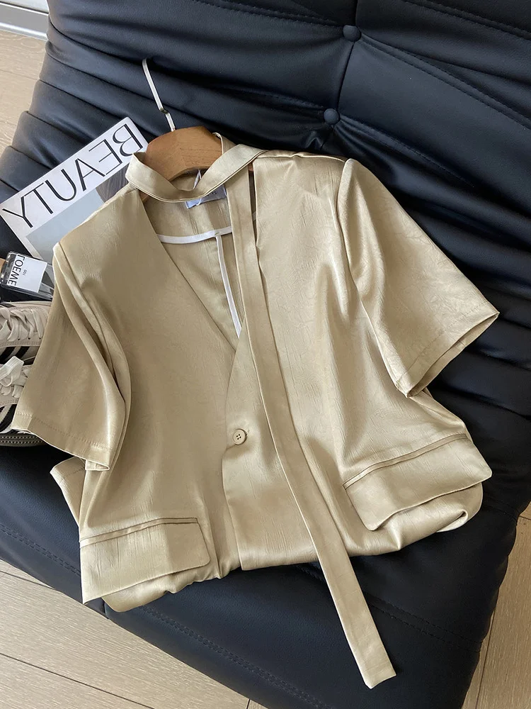 Elegant V-Neck Short Sleeve Suit Jacket Women's Loose Casual Draped Spring New Style Fashion Outerwear Polyester Fiber