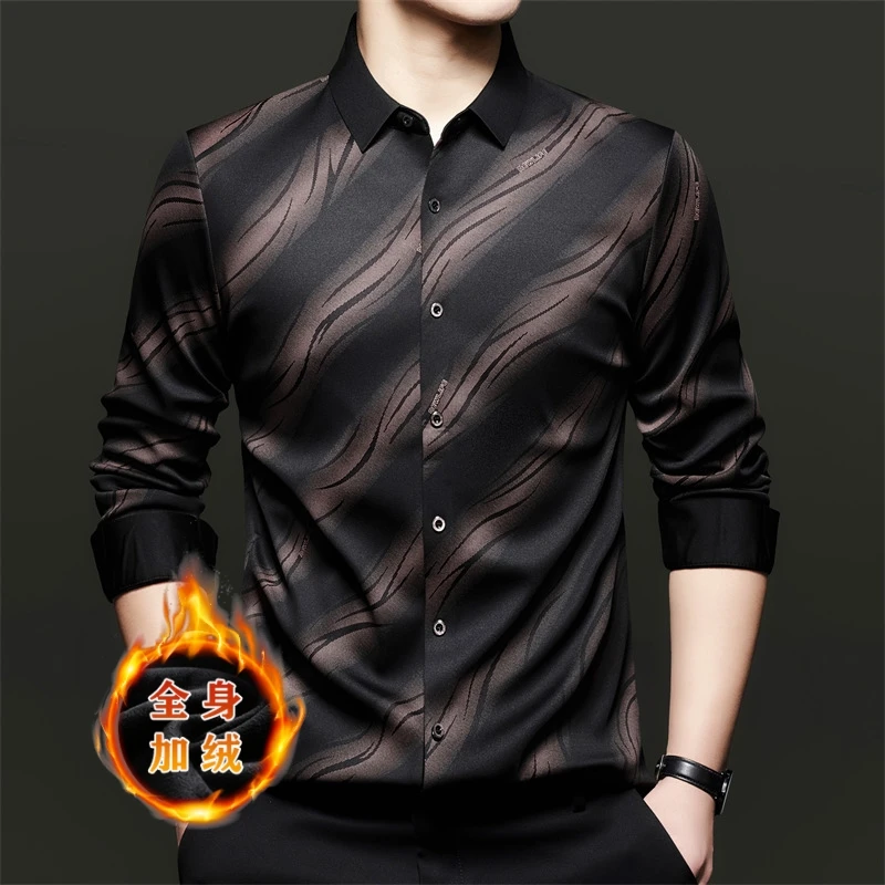 Winter Velvet Warm Jacquard Shirts Men Seamless Stretch Long Sleeved Business Casual Dress Shirt Men's Lapel Printed Shirt 2025