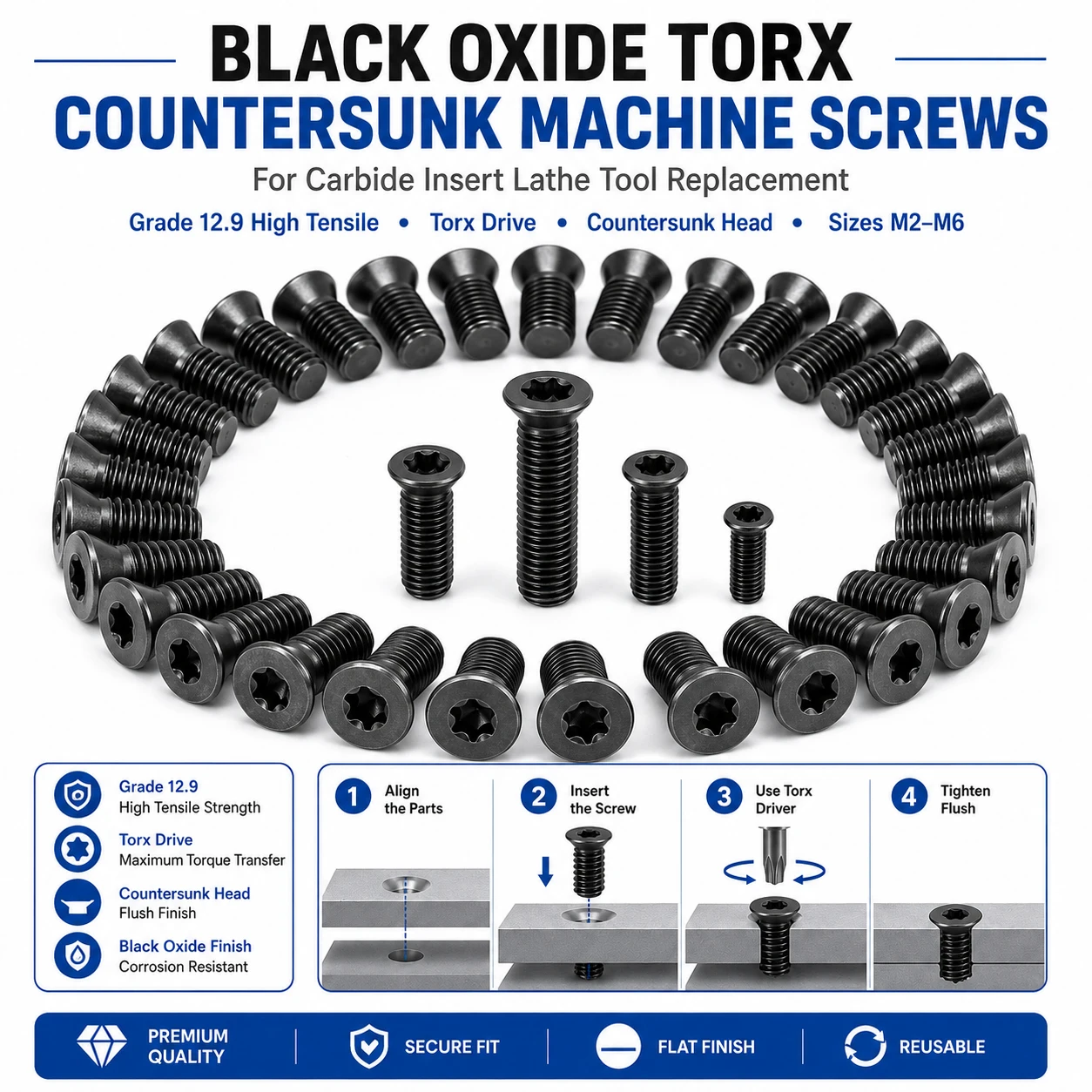 10-50Pcs Insert Torx Screw M2-M6, CNC Lathe Tool Replacement Screws for Carbide Inserts, 12.9 High Strength Alloy Steel