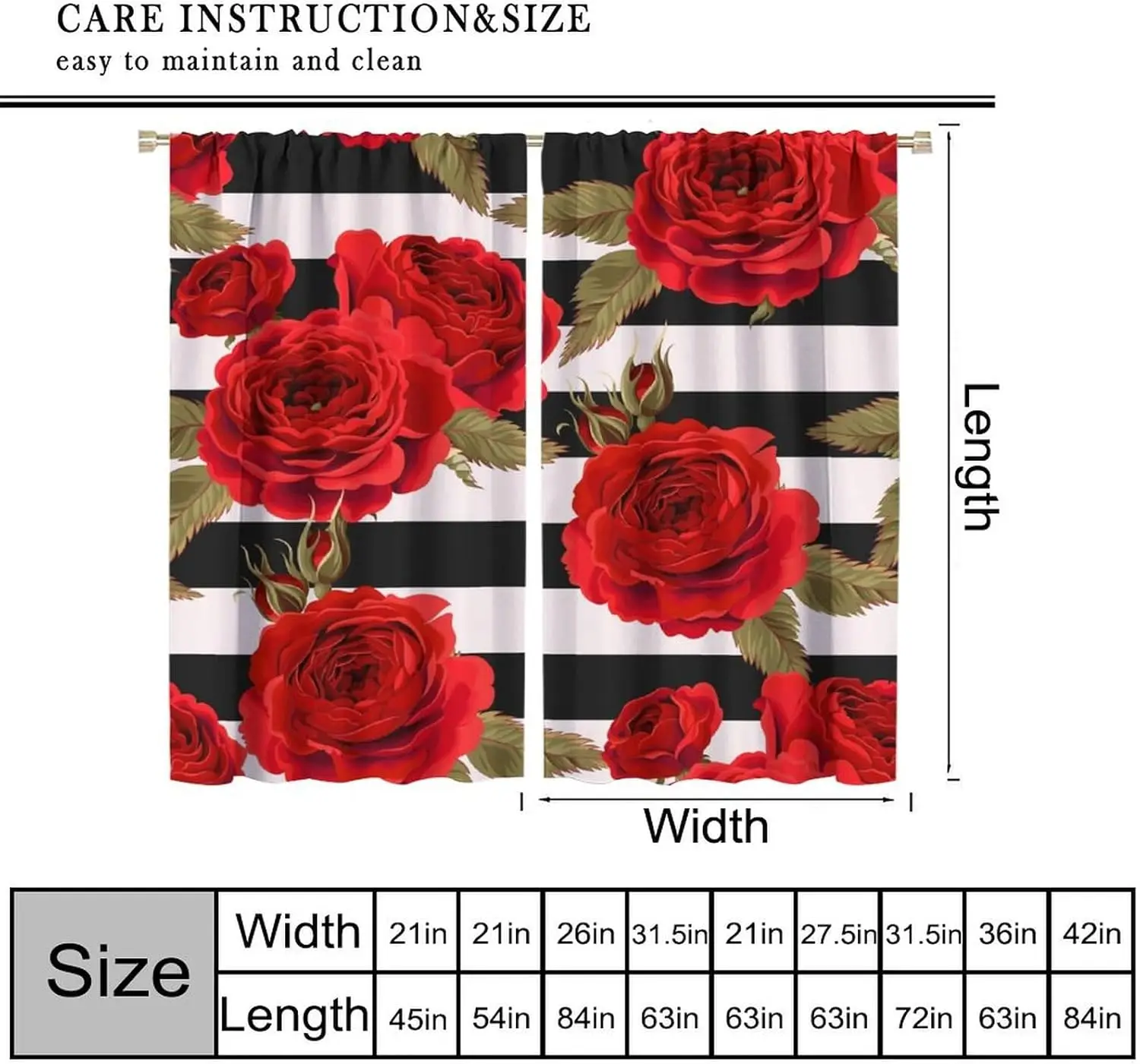 Red Rose Flower Curtains Black and White Stripe Green Leaves Valentine's Day Present Rod Pocket Blackout Window Drapes Bedroom