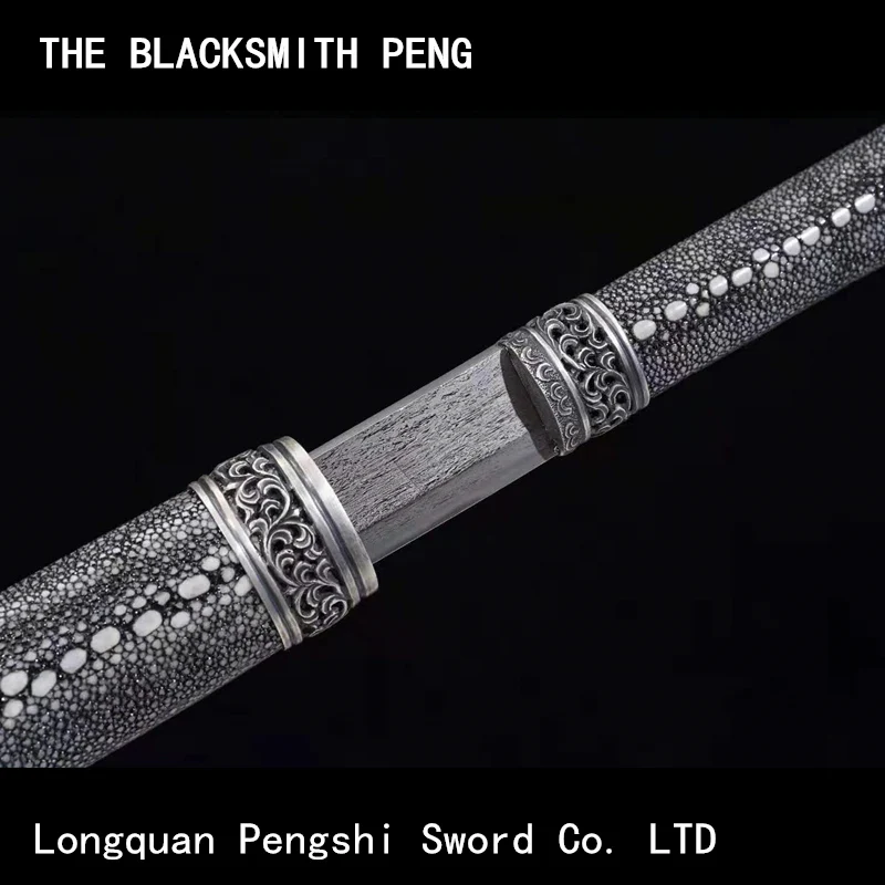 coahuilite Sandwich Steel scabbard Hereditable Tang sword/Hand-carved fittings in sterling silver Fishskin real Chinese sword