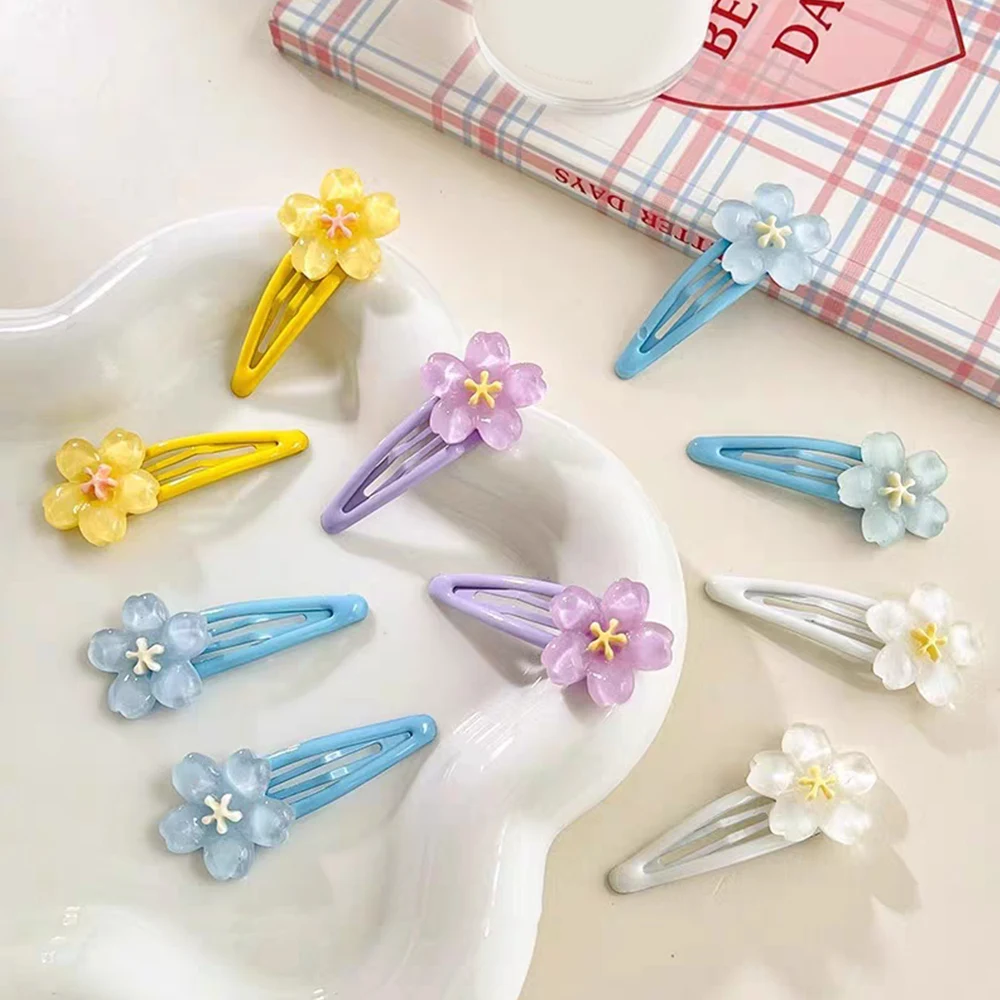 Sweet Jelly Color Cherry Blossom Hair Clip Girls Flower-shape Bangs Side Clip Snap Hairpins Duckbill Clips Hair Accessories 2024