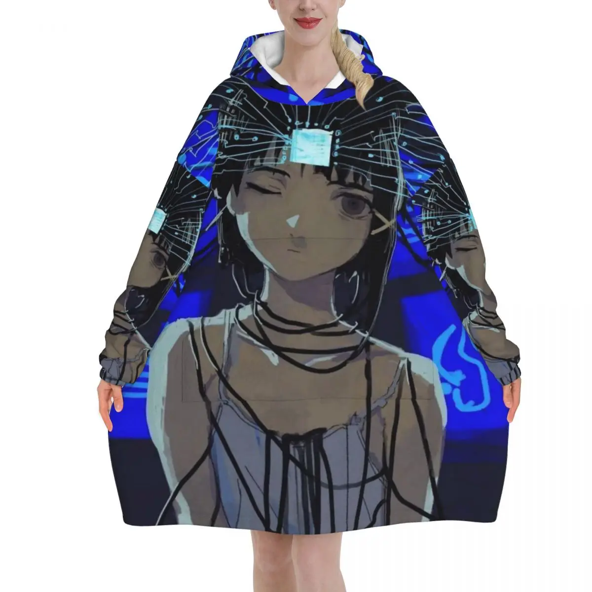 Serial Experiments Lain Lwakura Oversized Blanket Hoodie Sweatshirt Long Fleece Hooded Wearable Blanket with Large Pocket