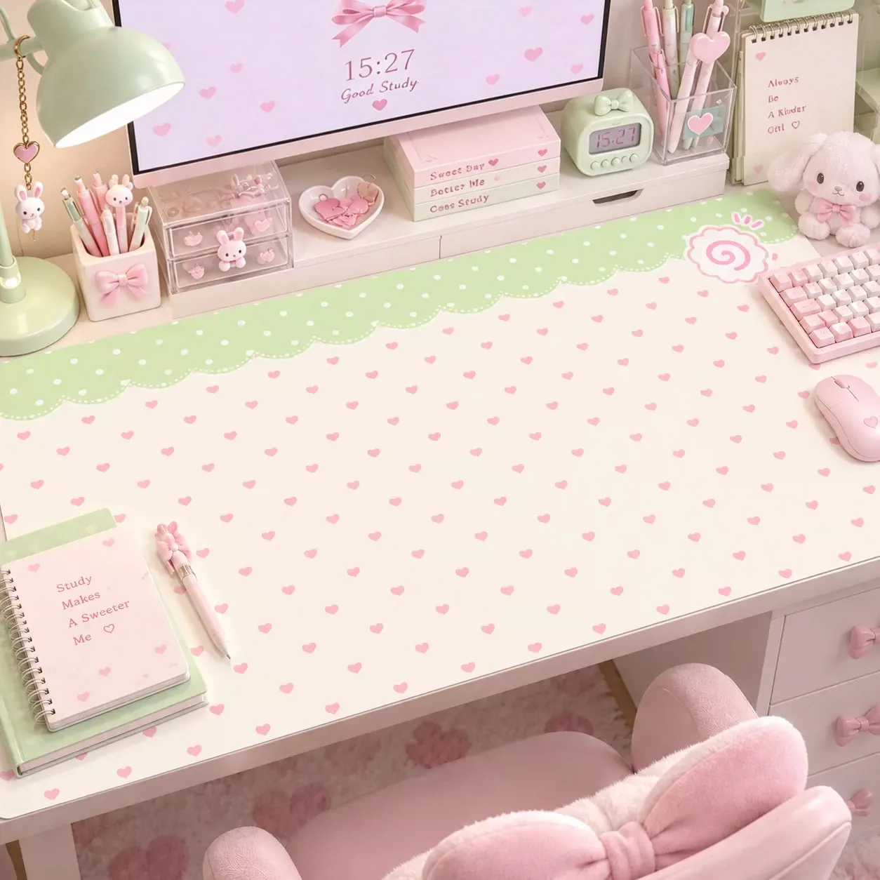 Pink Blue PurpleLove Polka Dots Fish Cake Leather Desk Pad Protector Y2K Mouse Pad Office Desk Mat PU Desk Blotter keyboard Pads