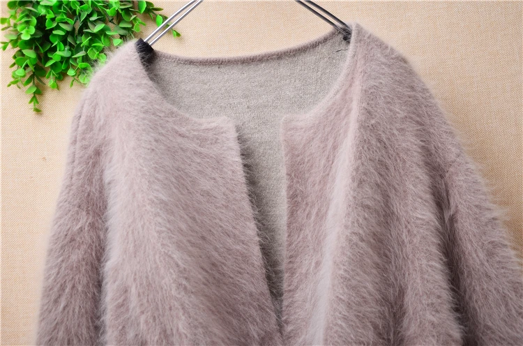 Female Women Autumn Winter Clothing Hairy Mink Cashmere Knitted Long Sleeves Belt Loose Cardigans Angora Fur Jacket Sweater Pull