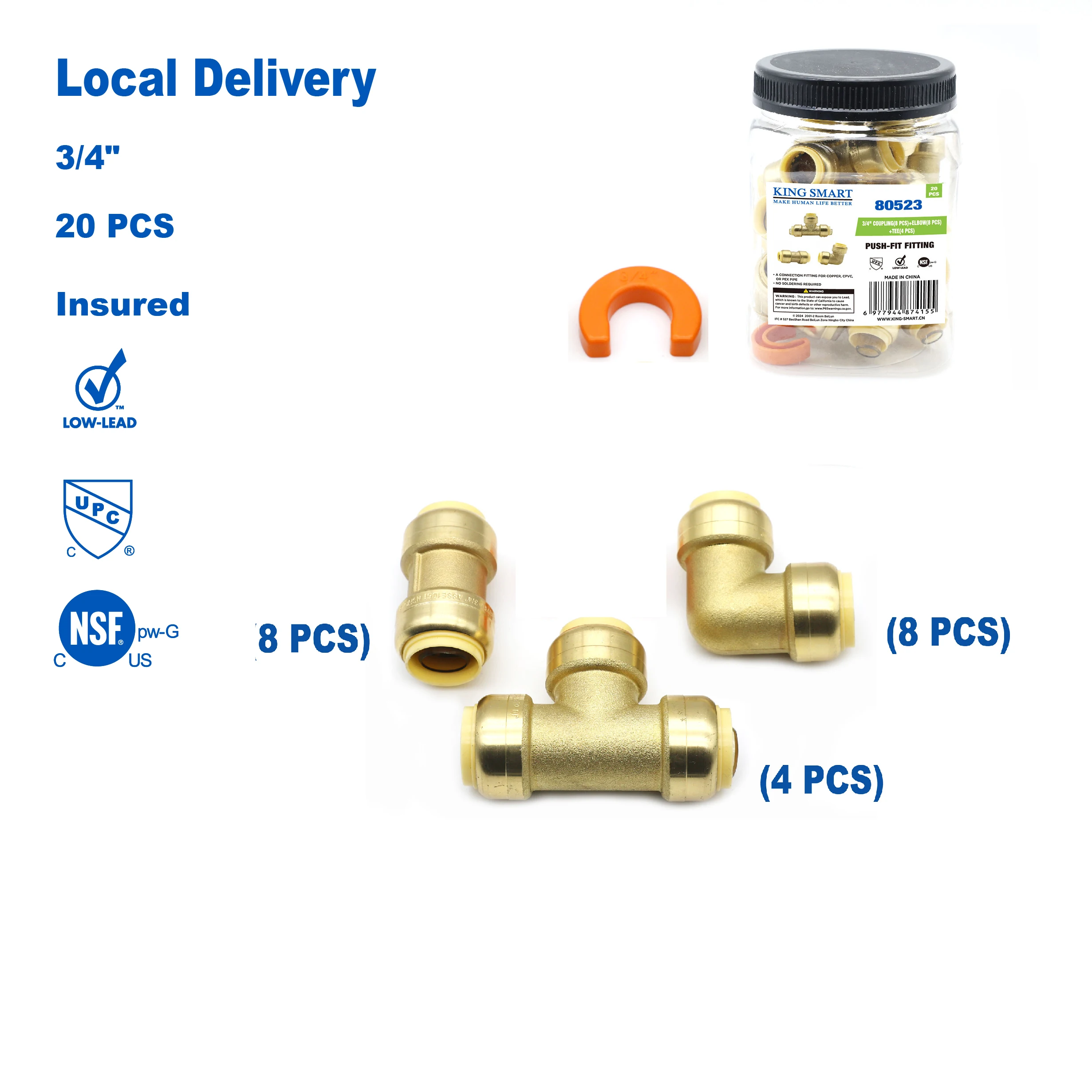 KING SMART 3/4 Coupling (8Pcs), Elbow (8Pcs), Tee (4Pcs) ; Push Fittting Combo; Lead Free Brass; 20Pcs/Case; 80523