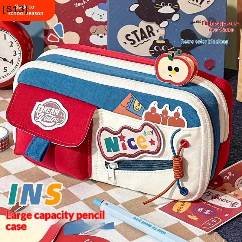 Classic American Pencil Case Retro High Aesthetic Pencil Case Large Capacity Multiple Patterns Stationery Box For Students[Q]Q@