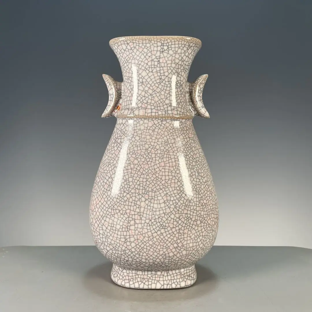 Ge Ware Moon-White Monochrome Porcelain Oblate Flat Vase,Full Natural Craquelure Glaze,Flanged Ribbed Ji-Style Twin Side Handles