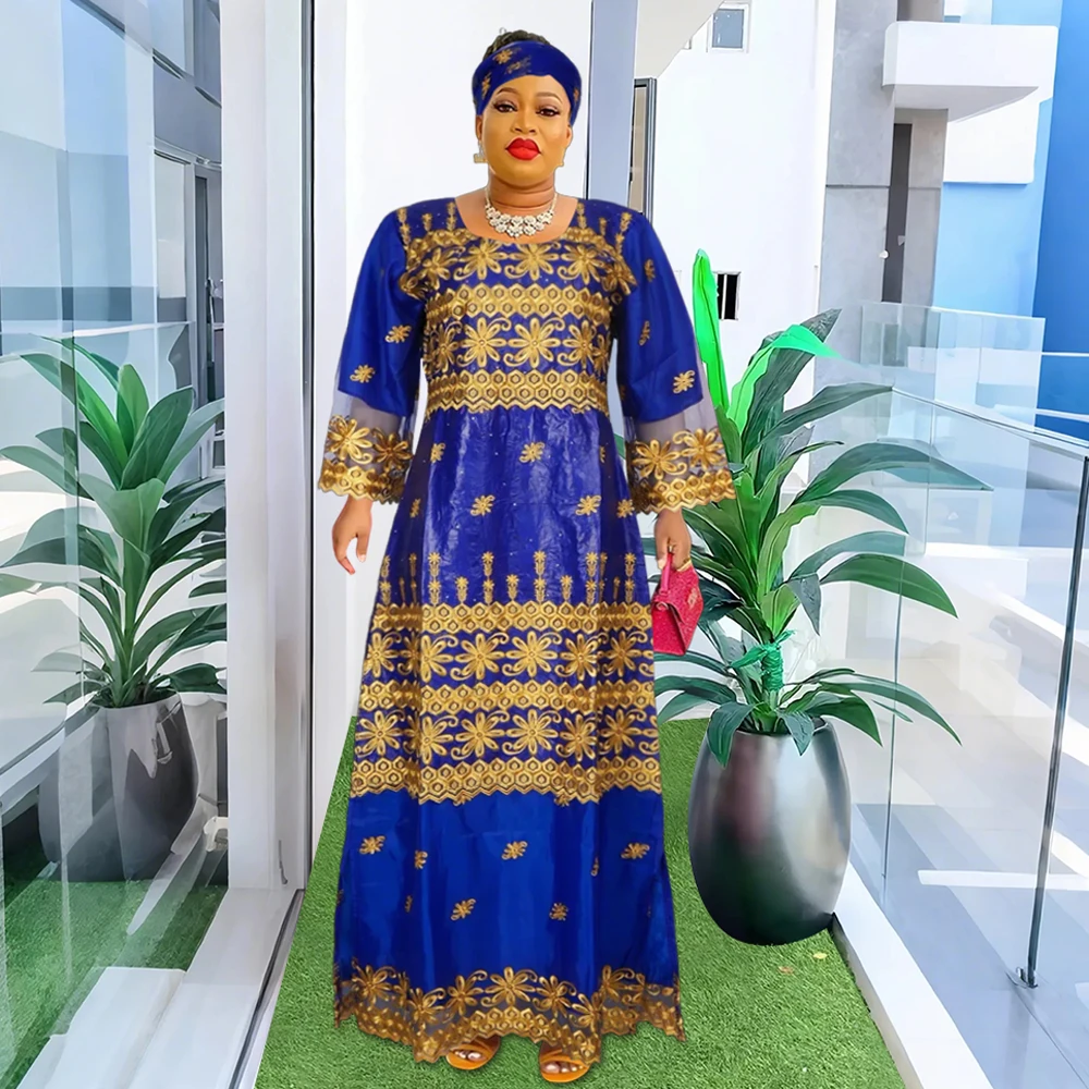 H&D Women Traditional African Dresses Bazin High Quality Embroidery Dresses Blue Traditional Dress for Wedding Party Occasions