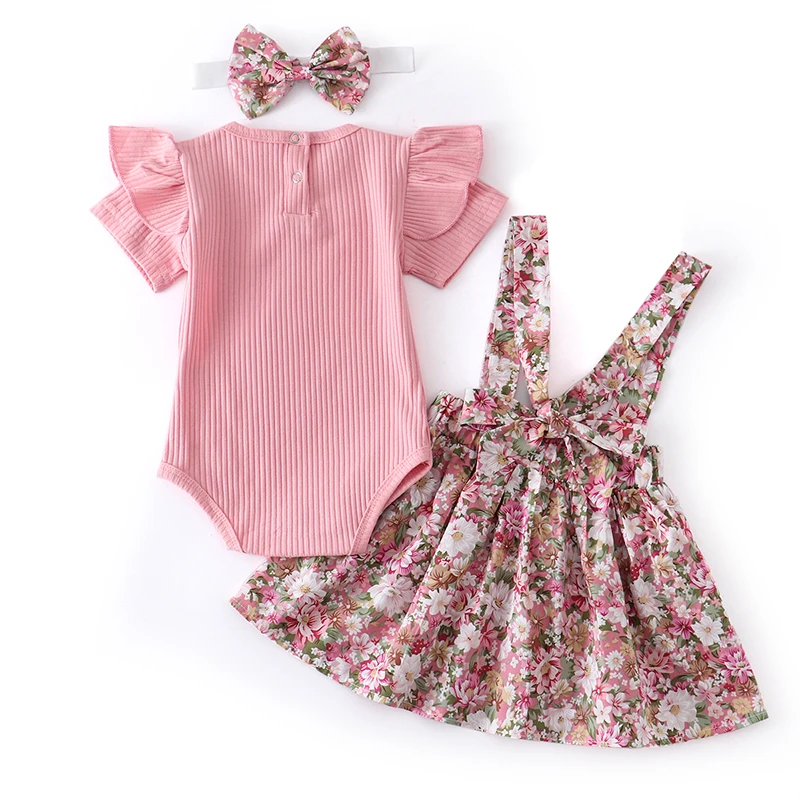 Conjunto de ropa de verano para niña recién nacida, Top de mameluco de manga corta rosa, vestido Floral y Diadema, ropa de princesa para vacaciones