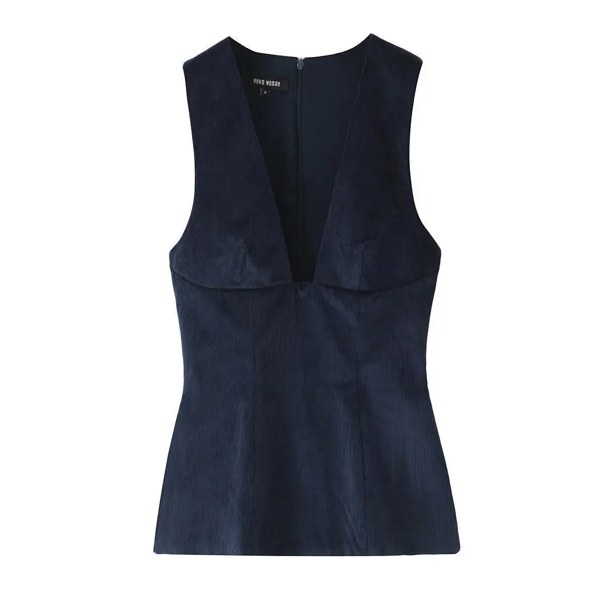 Corduroy Deep V-Neck Top and Mini Skirt Matching Set in Dark Blue for Women