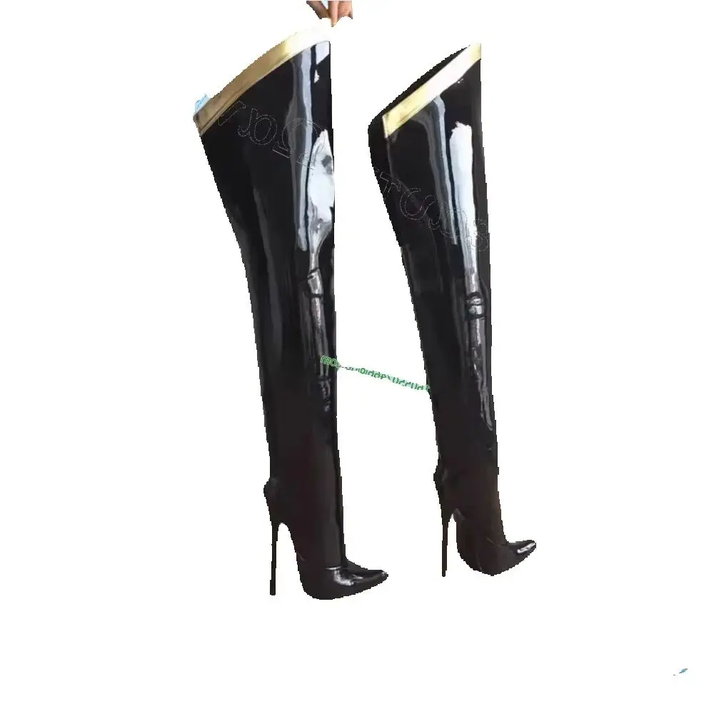 

Black Patent Leather Gold Edge Boots Supper Heels Thigh High Spike High Heel Shoes Solid Sexy Women Shoes Zapatos Para Mujere