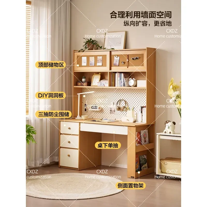 Wooden Desk with Bookshelf Integrated Study Table and Chair Set for Primary School Students Home Office Furniture