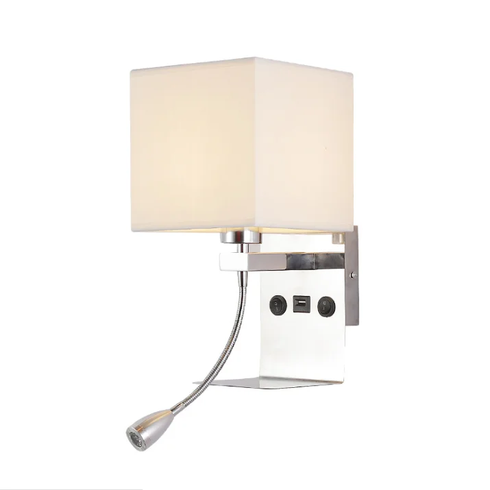 

Fabric Lampshade Led Button Switch Bedside Wall Light Simple USB Interface Charging Hotel Wall Lamps with LED Hose Spotlight
