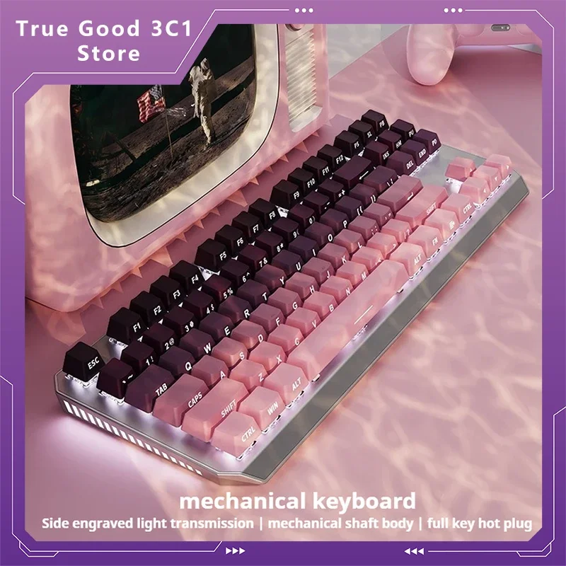 

87 Key Green Axis Wireless Wired Tri-Mode Mechanical Keyboard Pbt Side Engraved Backlight Girls Office Game Computer Peripherals