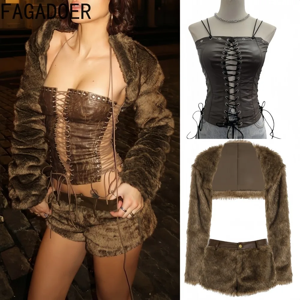 

FAGADOER Sexy 3 Pieces Set for Woman Outfits Solid Color Fur Patchwork Coat + Tube Top + Shorts Matching Female Streetwear New