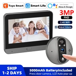 3MP Tuya Smart Peephole avec caméra infrarouge, interphone vidéo, caméras de porte, sécurité à domicile, sonnette, œil de porte, WiFi 2.4G, 5000mAh, Alexa, Google