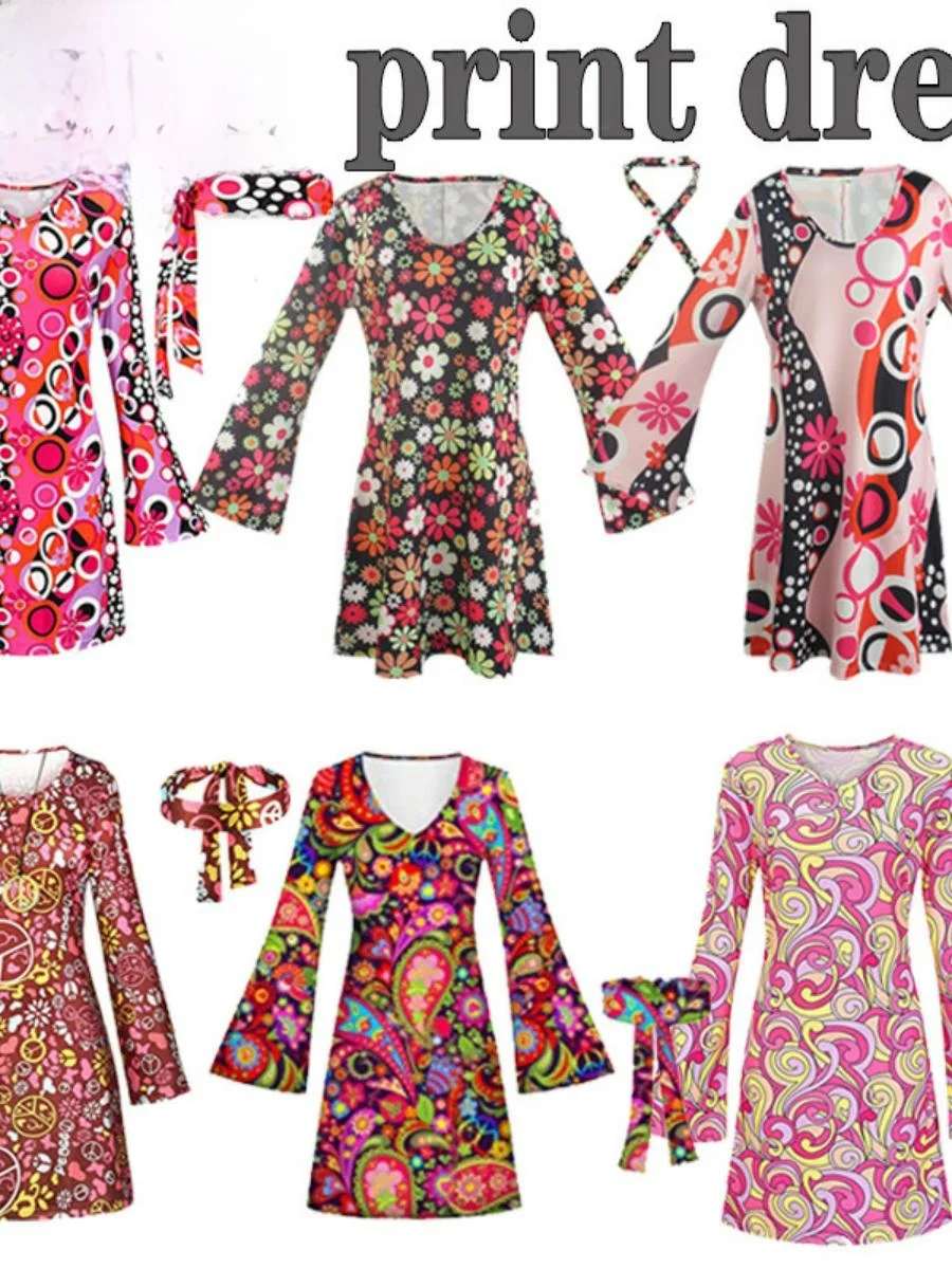 Хэллоуин 70-х годов Костюм хиппи Сценическое представление Ночной клуб Бар Парный наряд Ретро полиэстер Женская этническая мода Традиционный ...