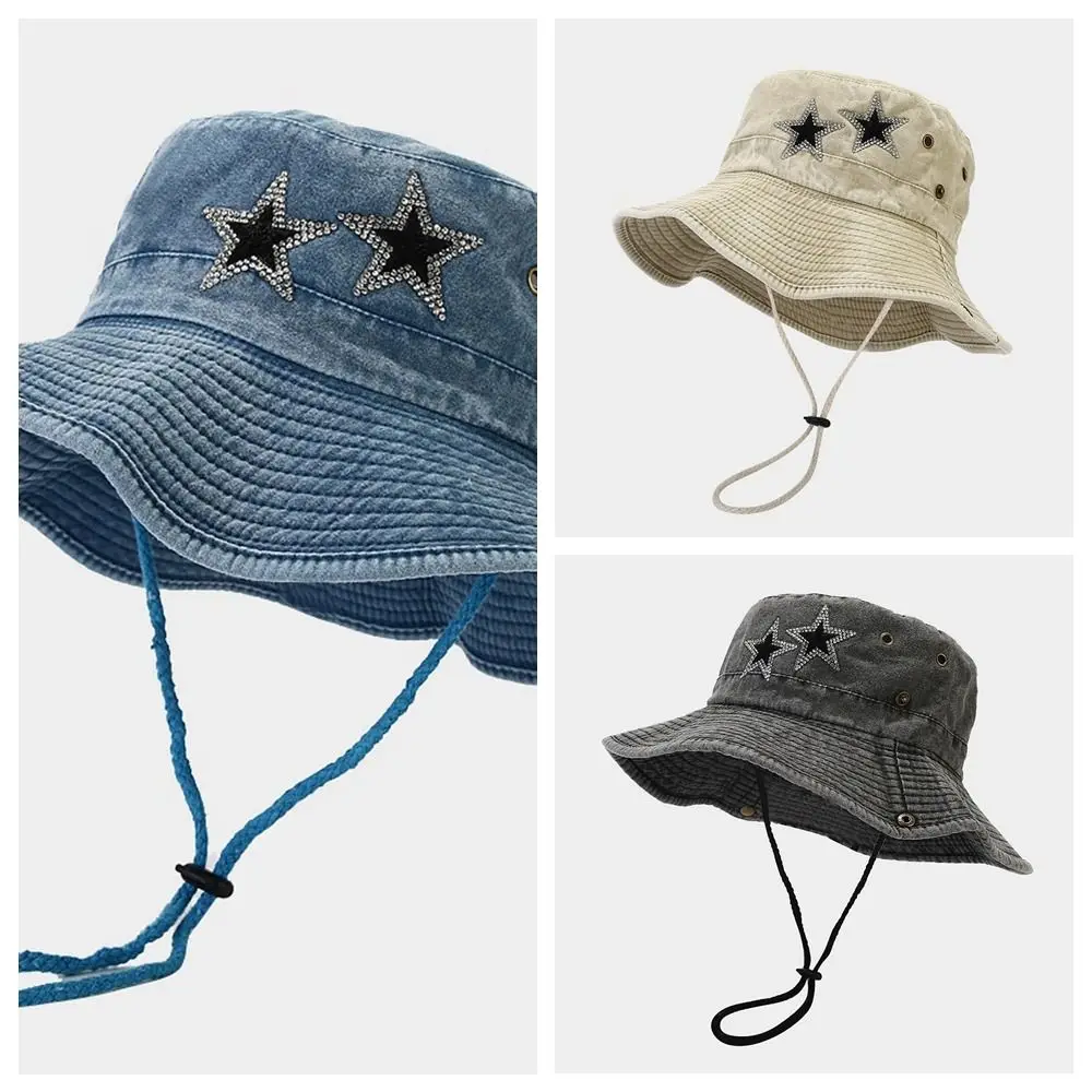

Travel Strap Star Denim Bucket Hat Sunscreen Y2K Hot Girl Canvas Fisherman Hat Mountaineering Vintage Western Cowboy Hat Outdoor