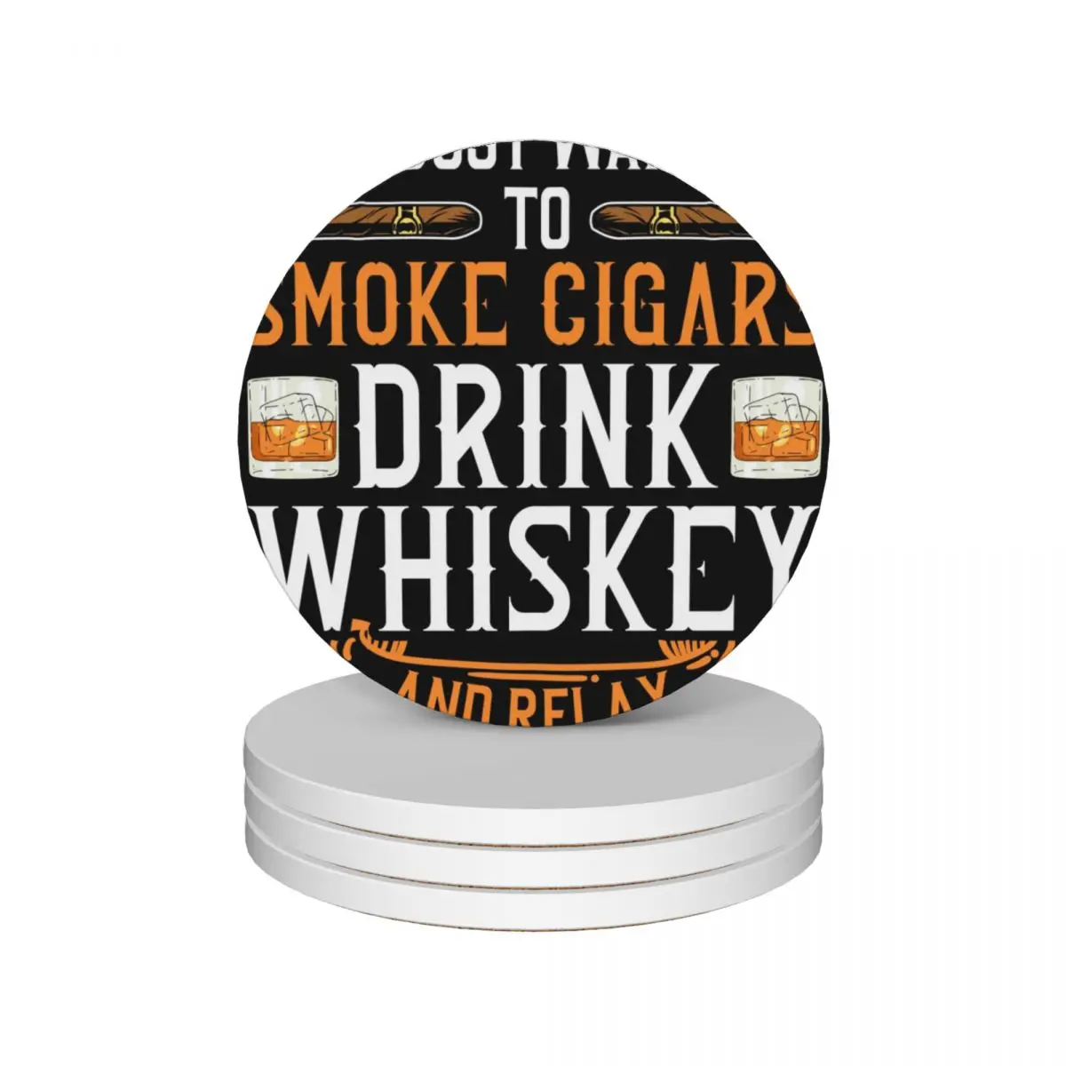 Cigar and Whiskey Smoking Retro Logo T shirt Ceramic Coasters (Set of 4) Cup for tea cup pads teapot mat black Coasters