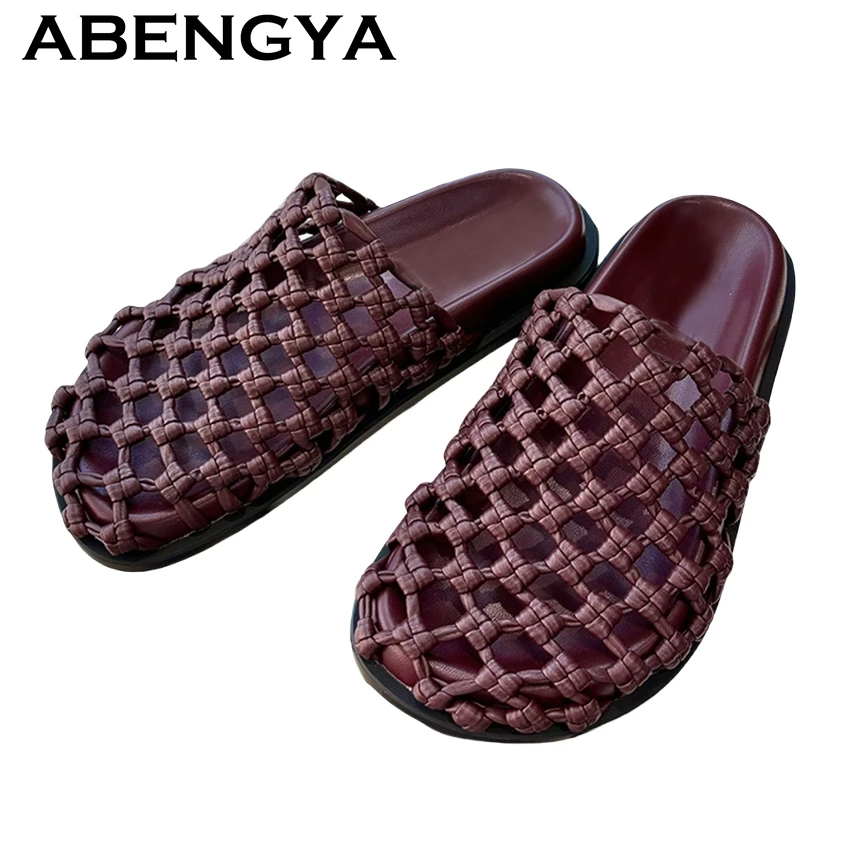 

2025 Summer Weave Hollow Out Flats Half Slippers For Women Round Toe Slip-On Lazy Mules Female Casual Beach Slides Shoes Mujer