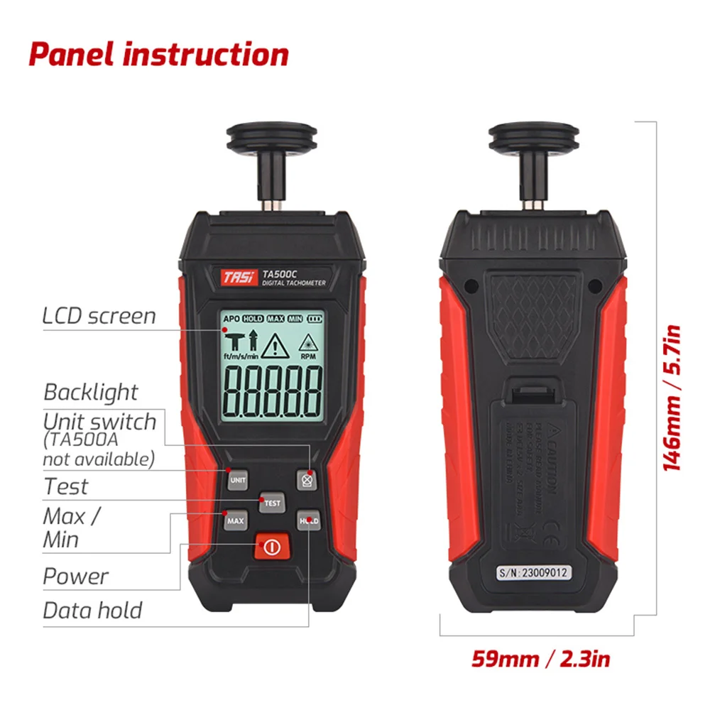 Digital Contact Tachometer Portable Contact Measurement Speed Tach Meter 3-19999RPM Speed Meter RPM Tachometer Backlit Display