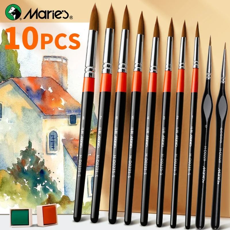 10pcs Marie's Paint Brush Set for Artists, Nylon Hair Paintbrushes Long Handle Brush Kit, for Adults and Hobbyists