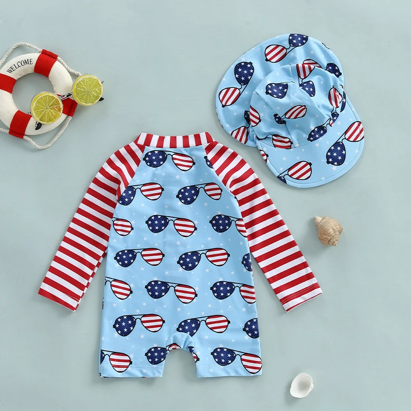 SUNSIOM Kids Boys Patriotic Swimwear Summer Sunglasses Print Zipper Rash Guard Swimsuit and Hat Beachwear Bathing Suit