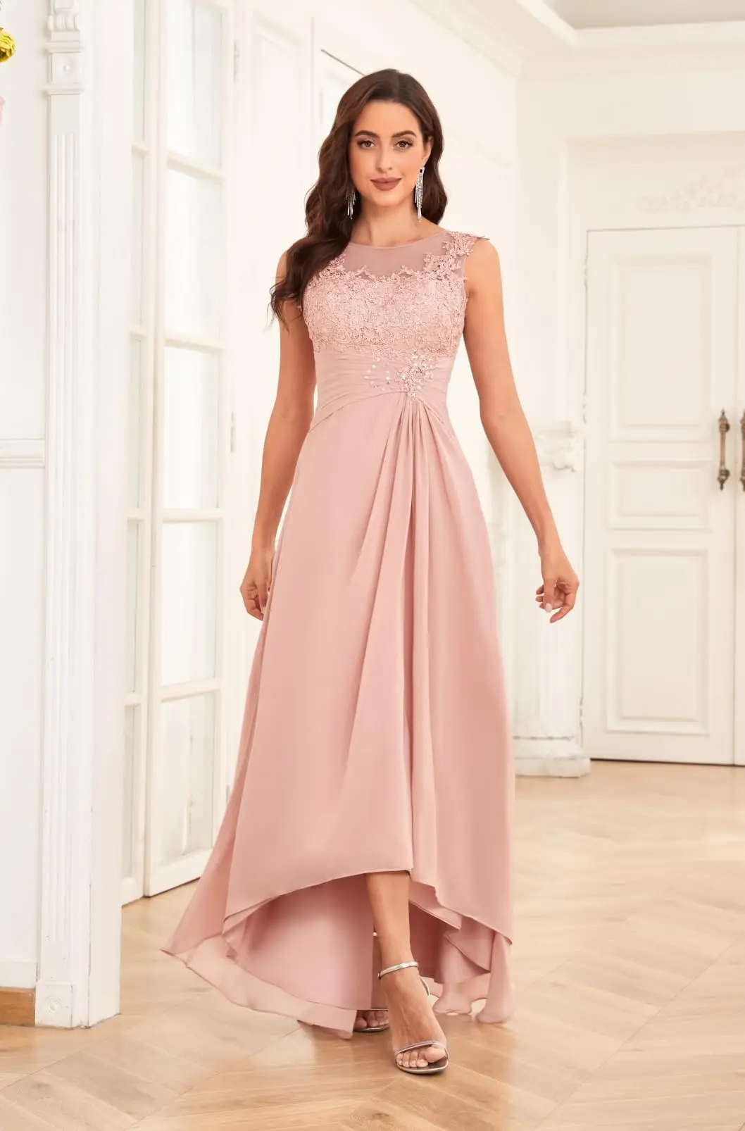 

Tea Length Lace Applique Mother of The Bride Dresses for Wedding High Low Pleated Formal Evening Gowns