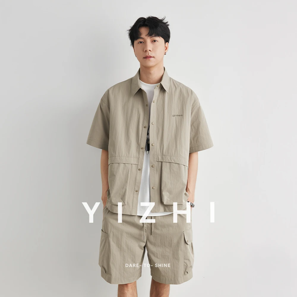 

Men's Lightweight Breathable Cargo Short Sleeve Shirt Set Summer Lapel Loose Outdoor Utility Shorts 2Pcs Outfit