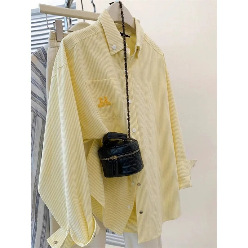 

Yellow Puppy Striped Shirt for Women in Autumn Long-sleeved Loose Top Casual Versatile Button Splicing Jacket